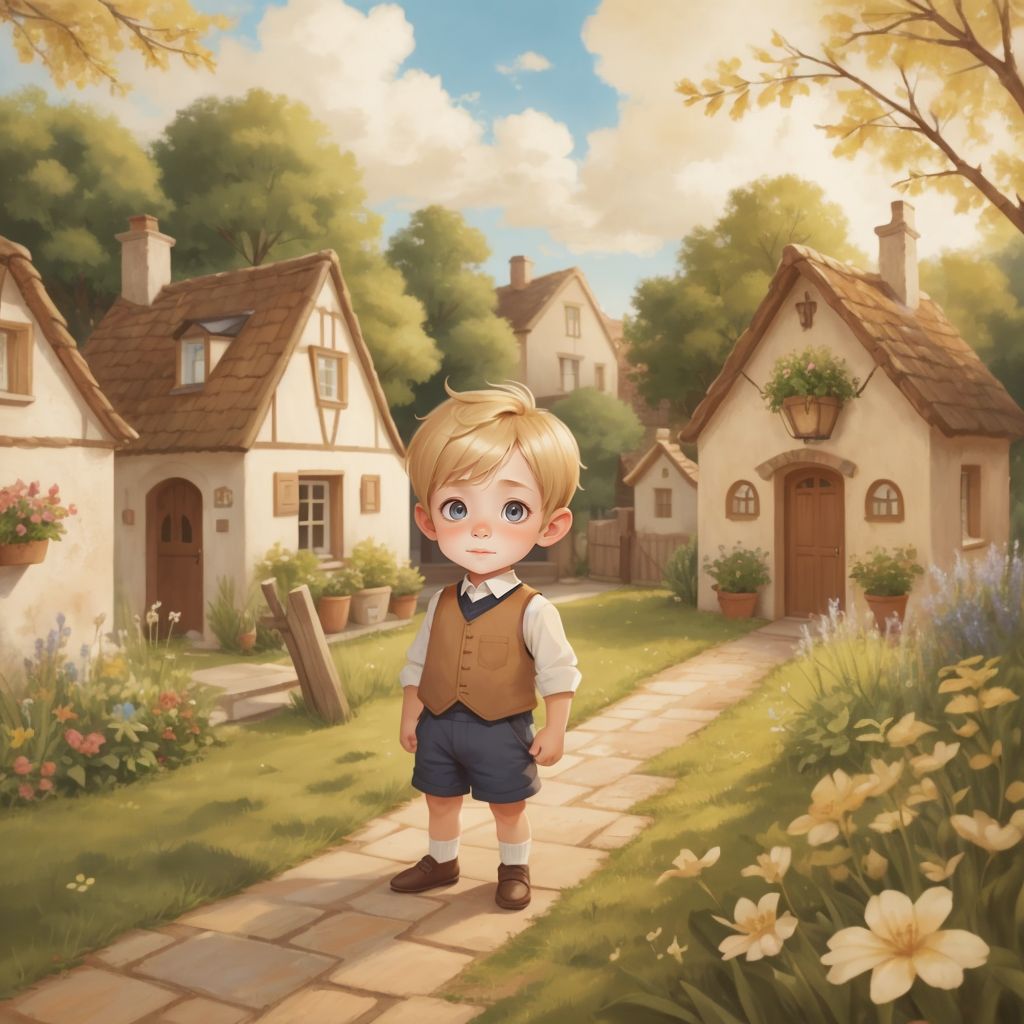 Illustration of a small, friendly village with charming houses and children playing. In the foreground, introduce Tommy, a young boy with a mischievous grin.